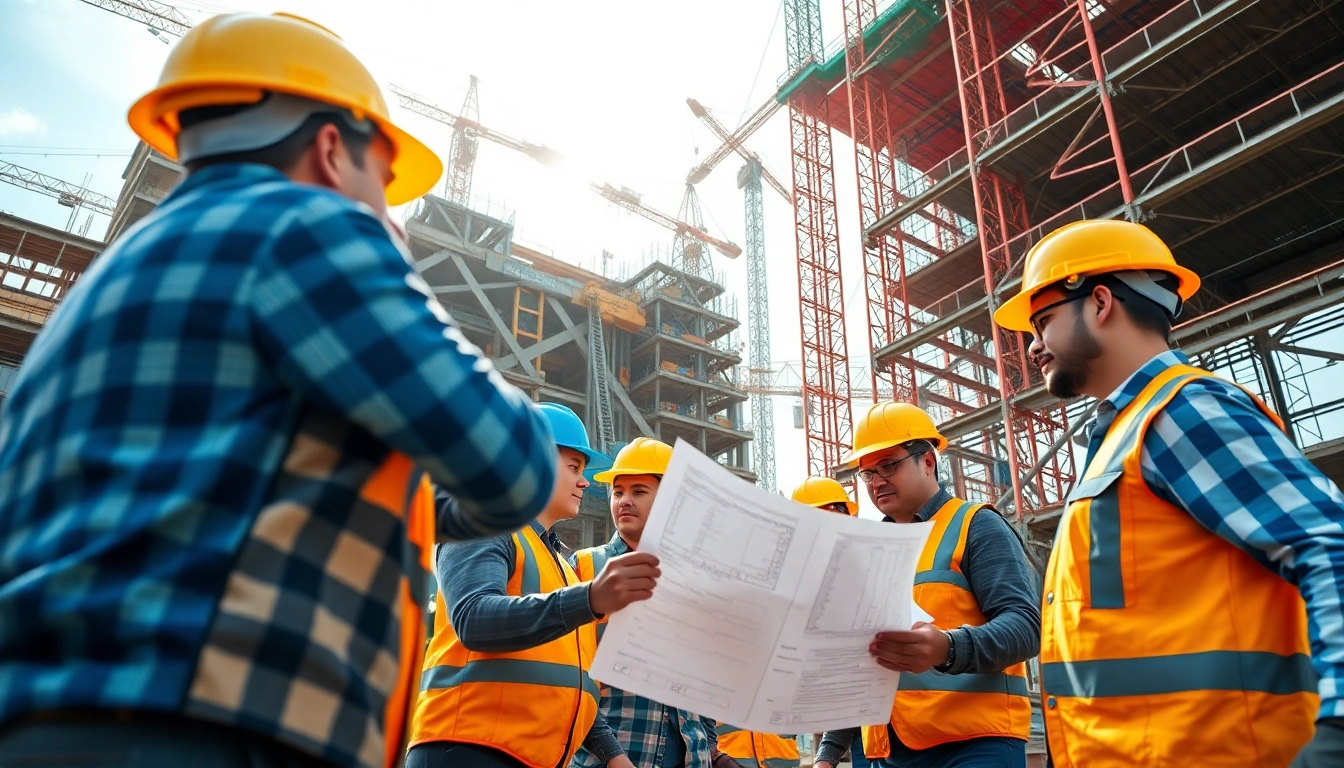 Construction career professionals collaborating on a busy job site