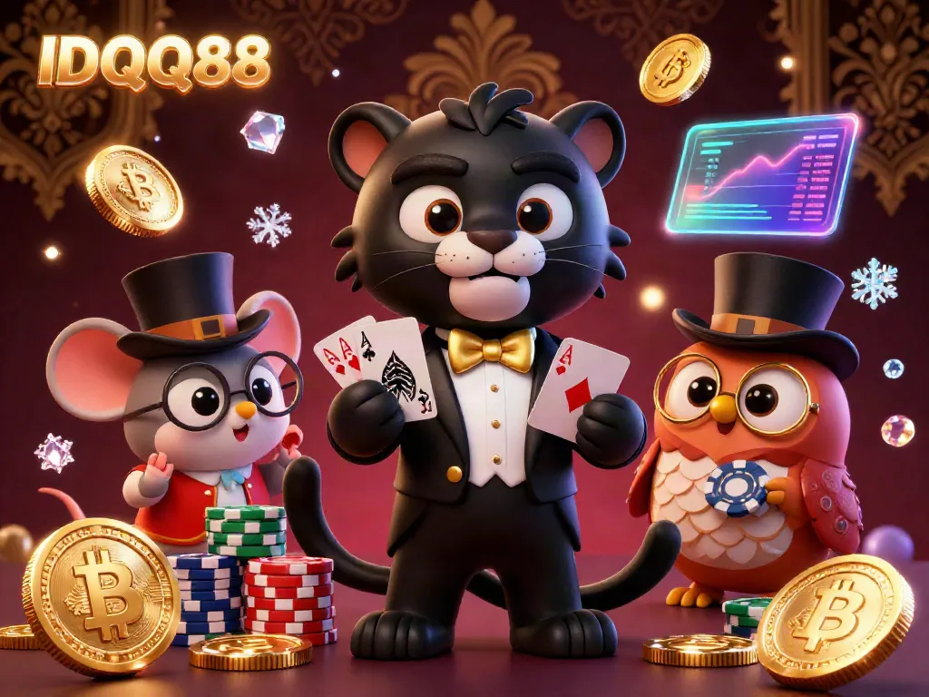 Join the excitement with IDQQ88 featuring a stylish panther dealing cards in a vibrant casino scene!