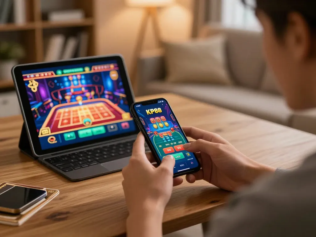Engaging KP88 mobile gaming scene with a person preparing to place bets on a smartphone in a cozy home setting.