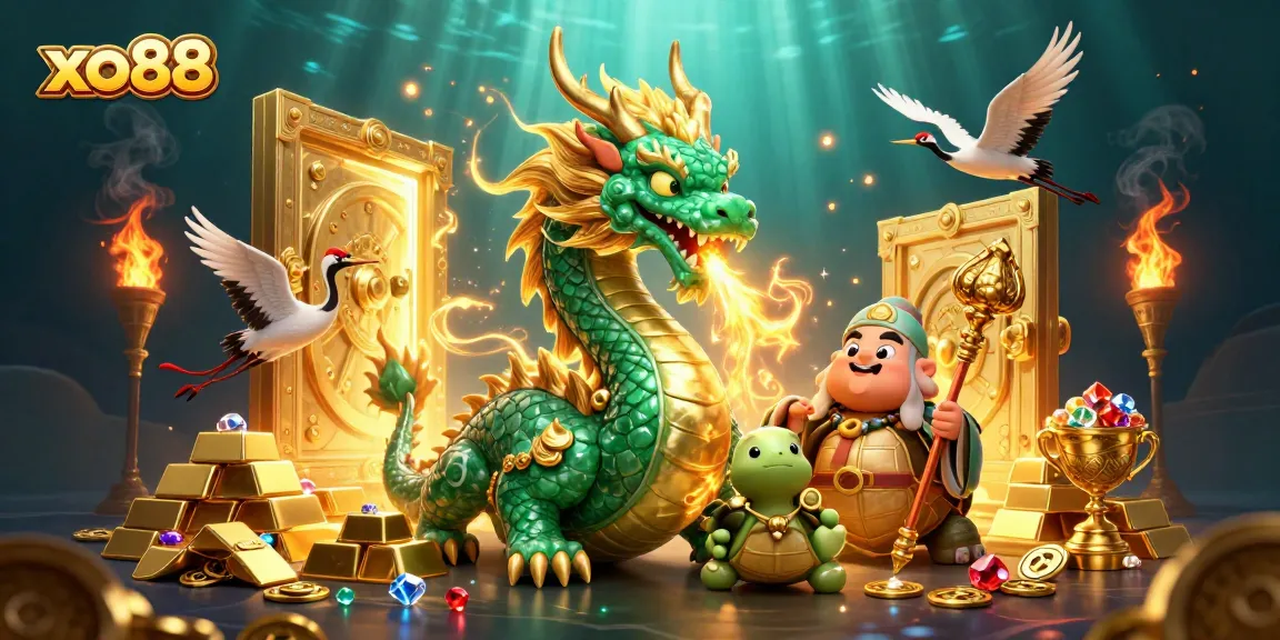 Experience the excitement of xo88 with a vibrant scene featuring a jade dragon, turtle sage, and lucky cranes in a magical casino atmosphere.