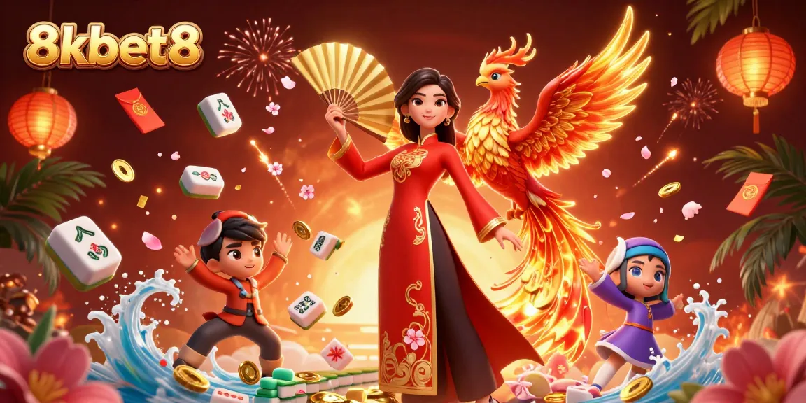 Experience the vibrant celebration of 8kbet8 with a dynamic 3D casino illustration featuring traditional elements.