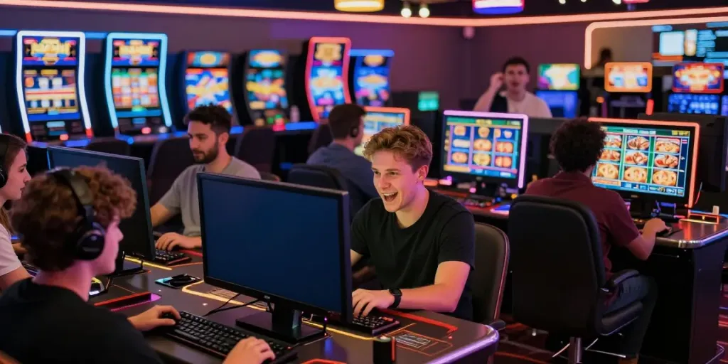 Online gaming excitement at https://man88pro.com/ with players celebrating winnings in a vibrant virtual casino.