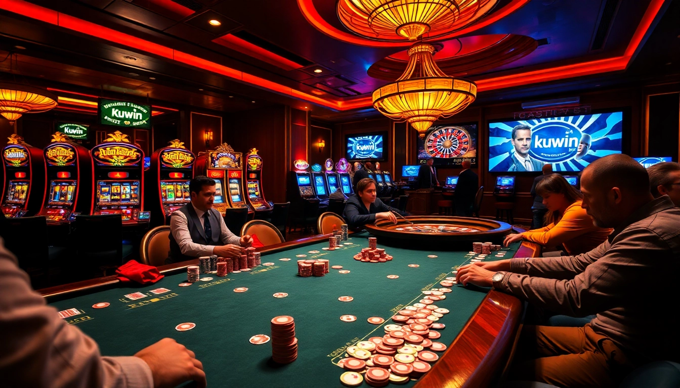 Kuwin casino players engaging in a high-stakes poker game surrounded by vibrant slot machines and roulette.