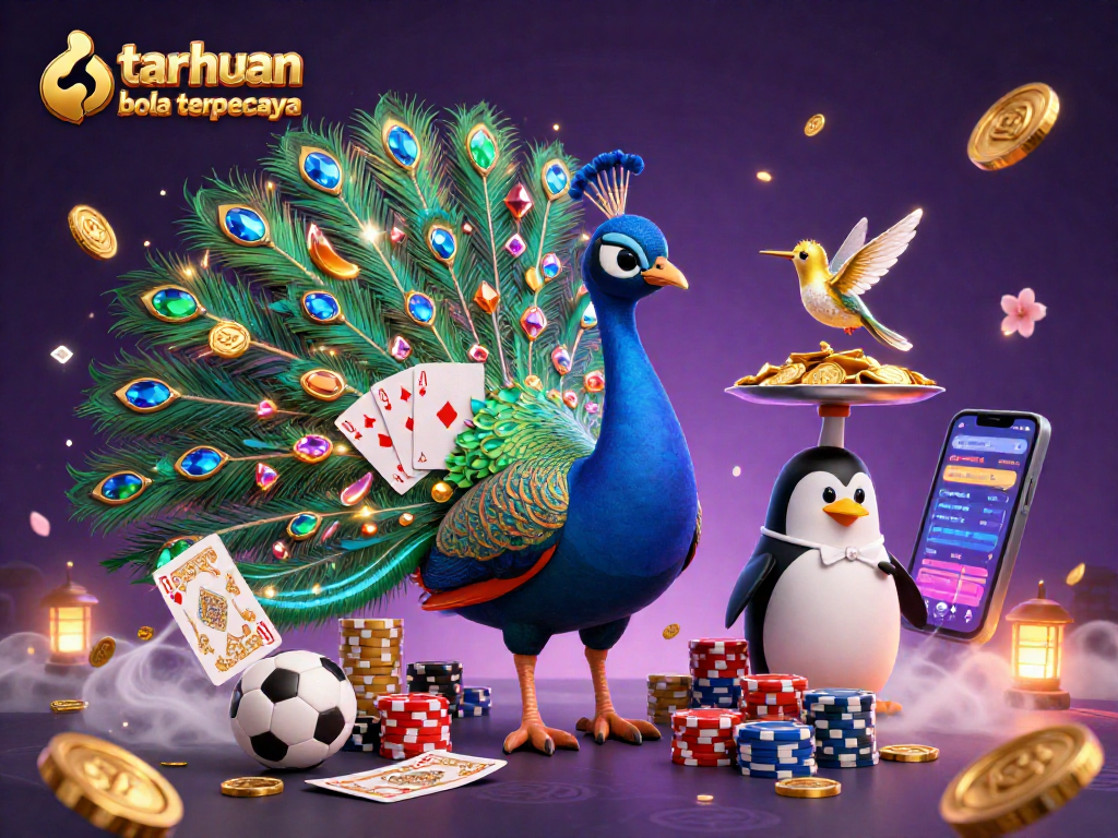 Engaging scene showcasing taruhan bola terpercaya with a vibrant peacock, penguin and hummingbird amidst sports betting elements.