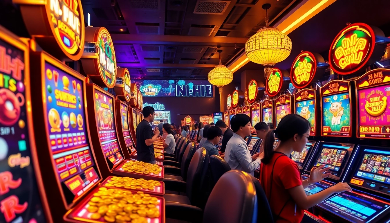 Nổ Hũ gaming environment showcasing vibrant slot machines and players excited about potential jackpots