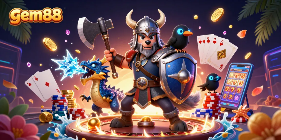 Experience the excitement of gem88 with a Viking warrior, dragon, and coins in a dynamic casino scene.