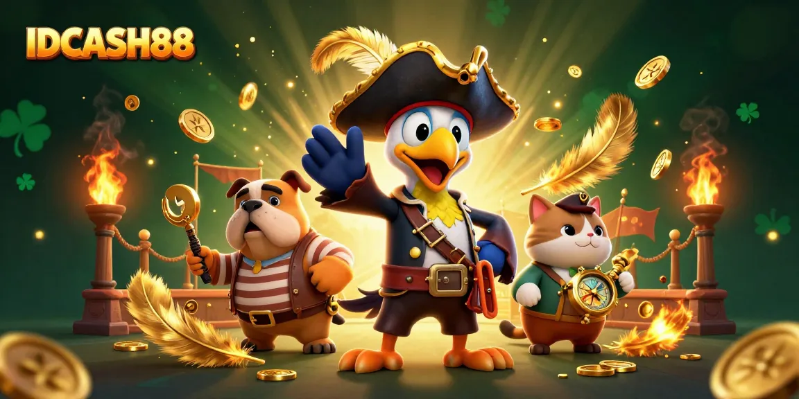 Play thrilling games with IDCASH88, featuring a vibrant pirate-themed illustration of characters and elements.