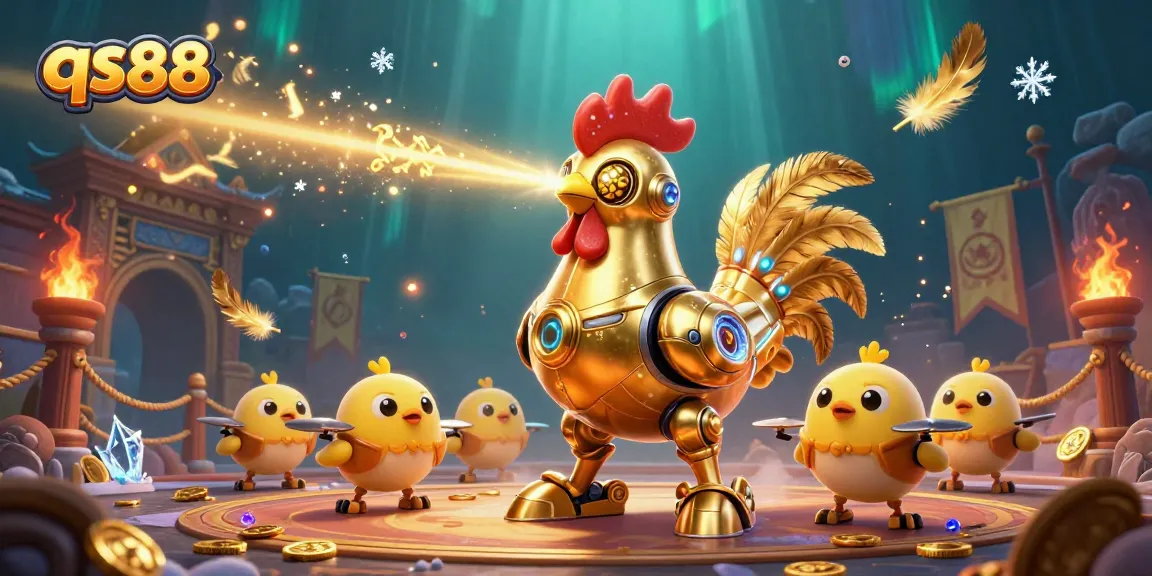 Engage in exciting gaming action with qs88 as golden rooster robot beams light amidst a thrilling casino atmosphere.