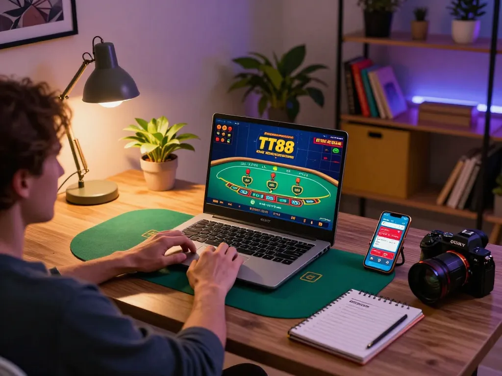 Player engaging with TT88 online casino using laptop at cozy desk during evening.