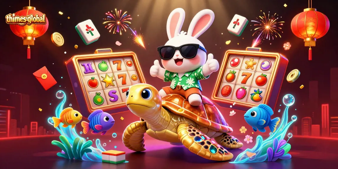 Thetimesofglobal highlights a vibrant casino scene with a lucky rabbit and golden turtle amidst slot game elements.