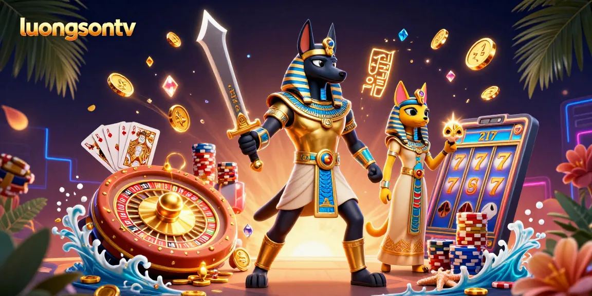 Experience thrilling gameplay with luongsontv in this vivid illustration featuring Anubis and Bastet amidst casino elements.