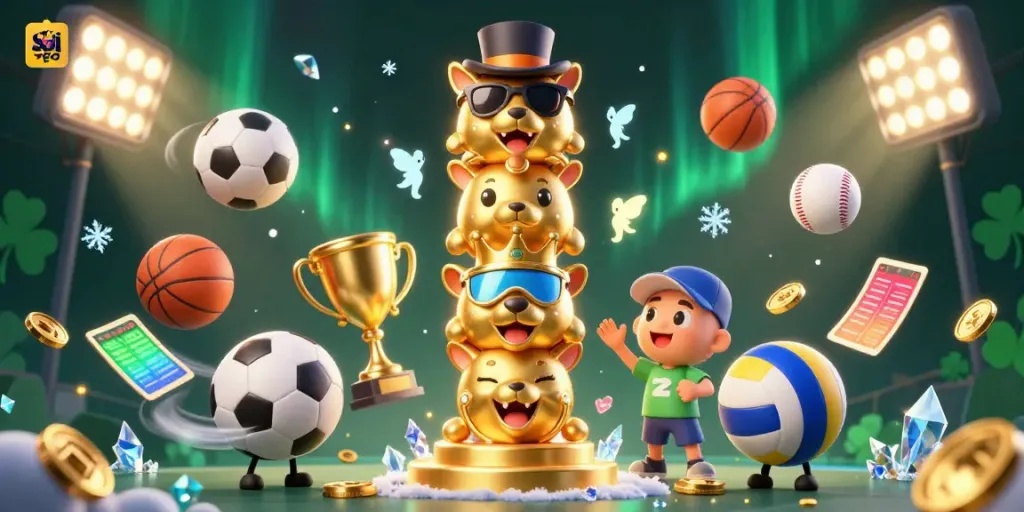 Experience the vibrant world of soi kèo as dynamic sports elements and a whimsical totem pole come together in a thrilling 3D illustration.