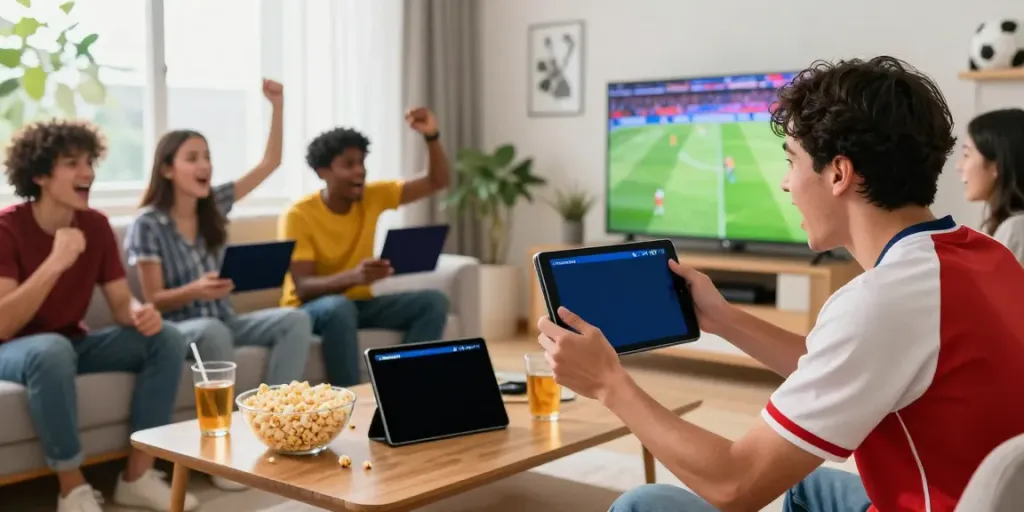 Fans enjoying a dynamic football match on ThapcamTV, with snacks and smartphones in a lively atmosphere.