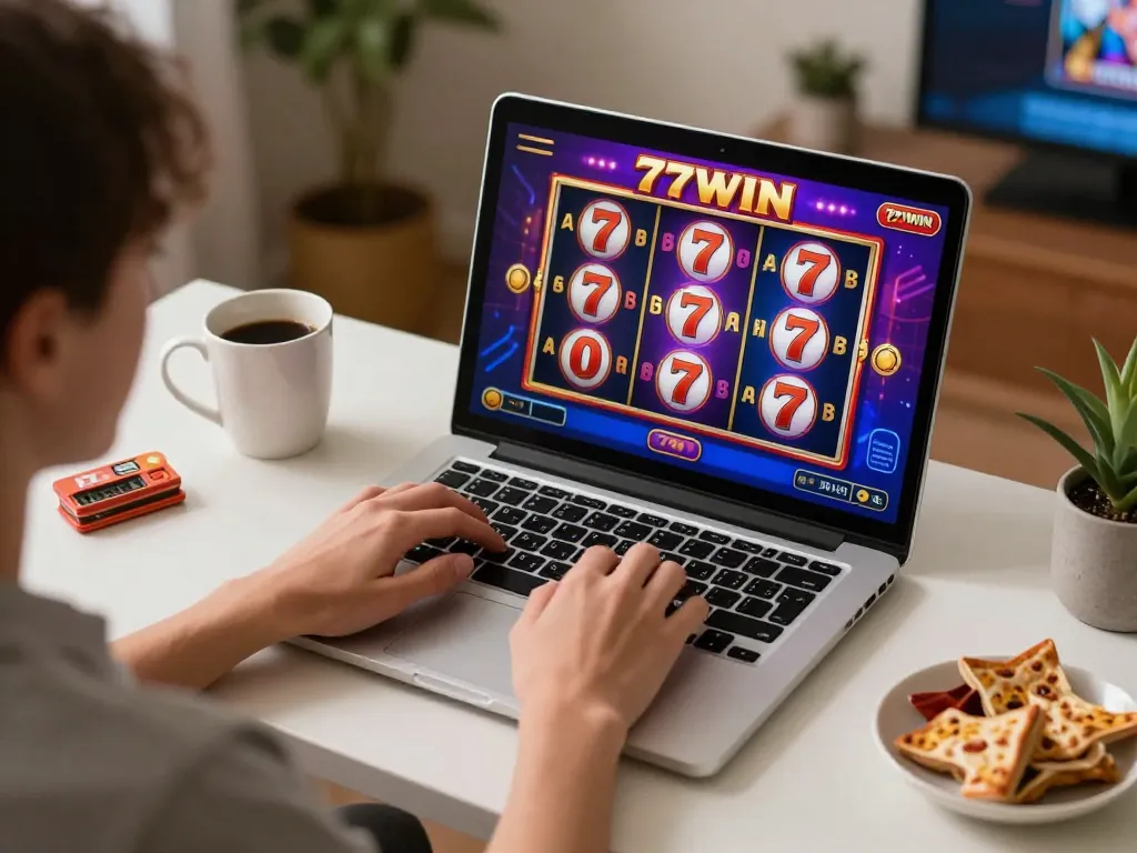 Engaging online gaming scene showing 77WIN slot machine from home setup.