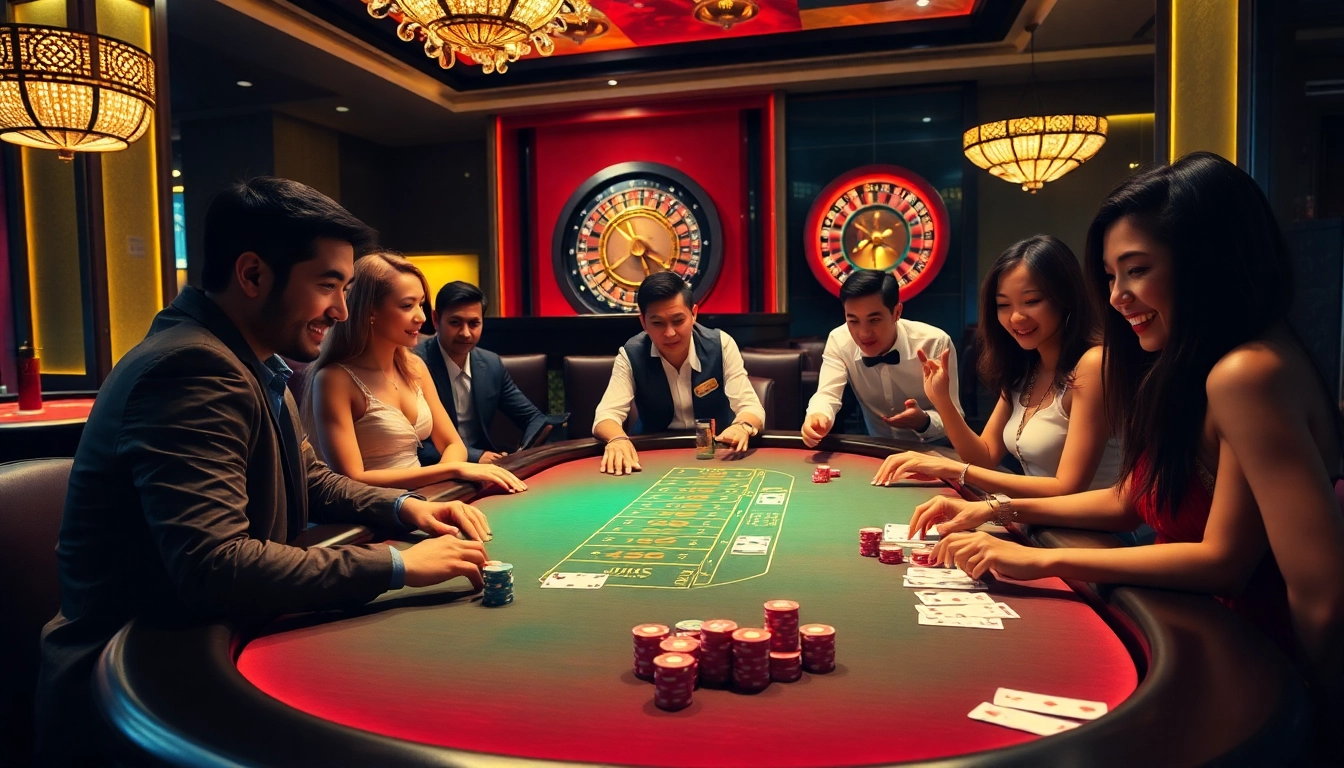 Exciting J88 casino table with vibrant poker chips and engaged players in action.
