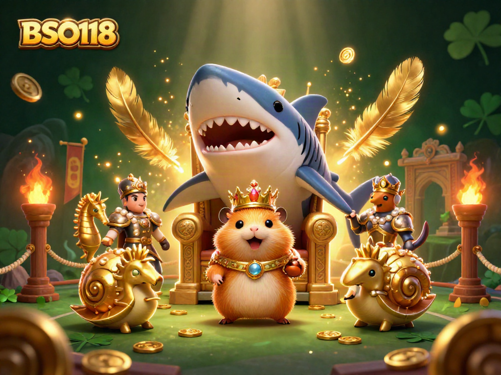 Engage with BSO118's vibrant casino scene featuring a royal hamster king surrounded by gold and excitement.