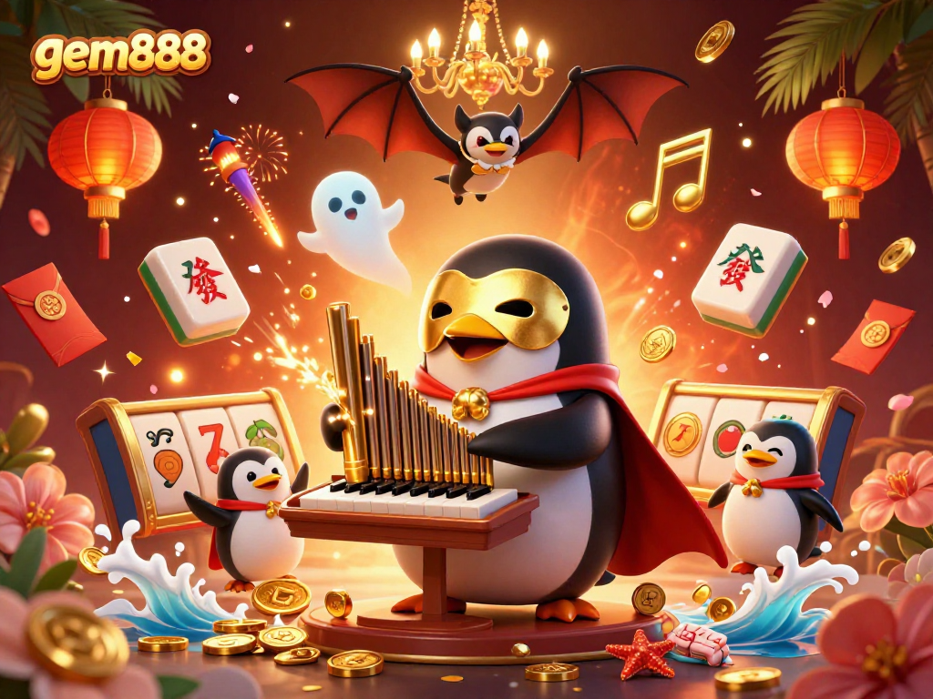 Experience the magic of gem888 with 3D cartoon characters in a vibrant casino scene full of golden coins and festive elements.