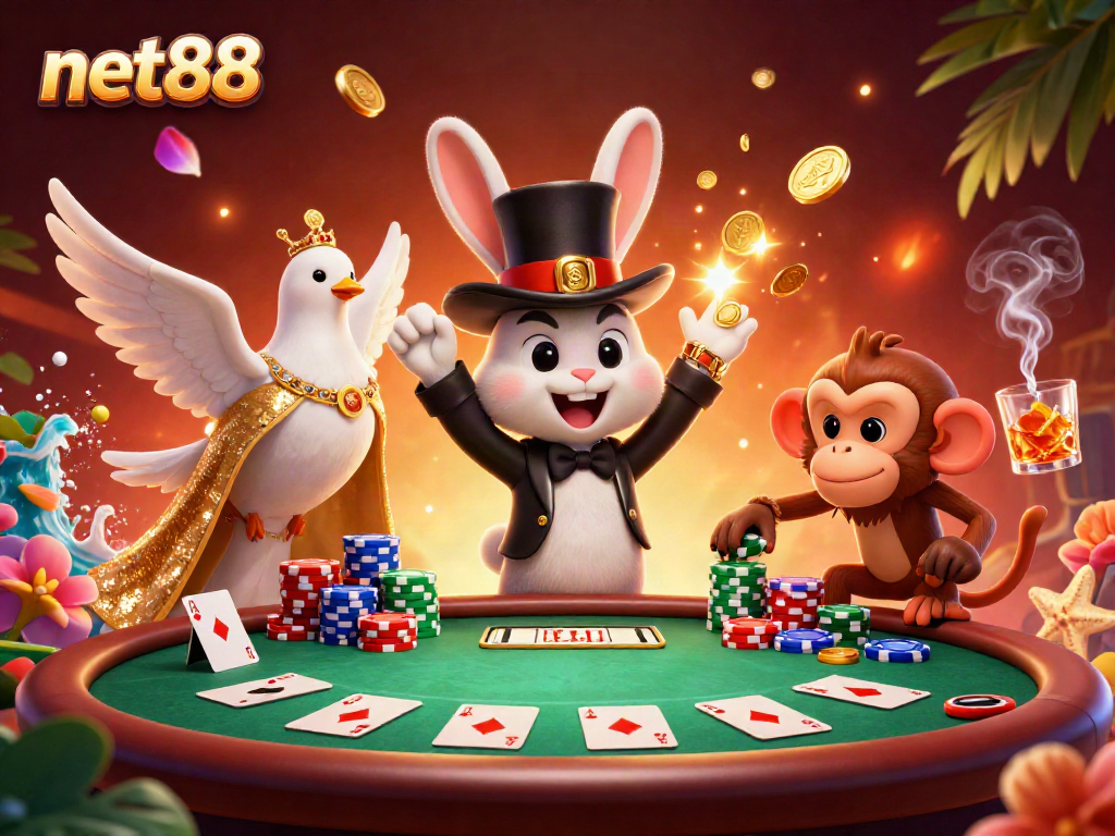 Experience thrilling gameplay at net88 with a captivating 3D scene featuring a magician, dove, and monkey.