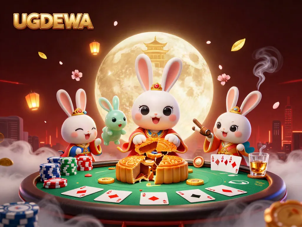 Engage in the excitement of UGDEWA with a moon rabbit pounding mooncakes revealing poker chips amidst a vibrant casino atmosphere.
