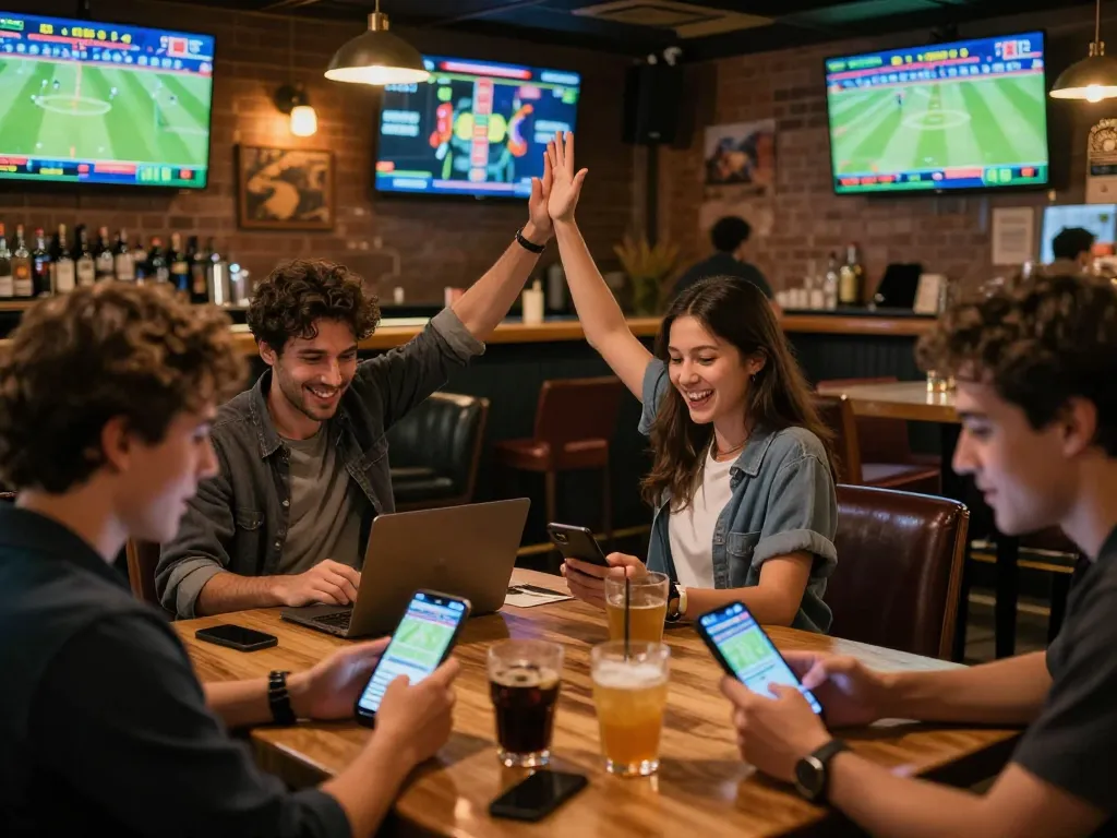 Sports betting excitement with patrons enjoying 78win com live updates at a vibrant sports bar.