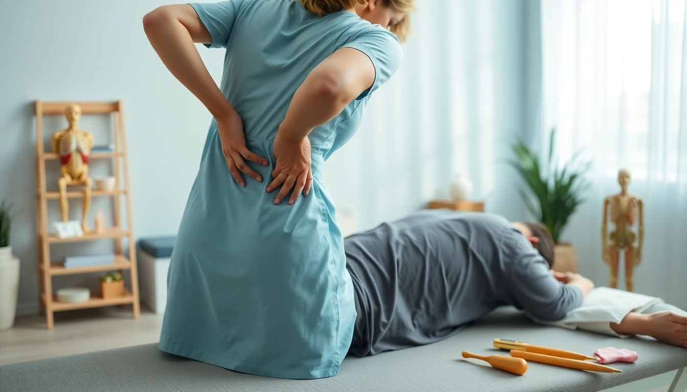 Therapist aiding a patient with back pain treatment in a calming clinic.
