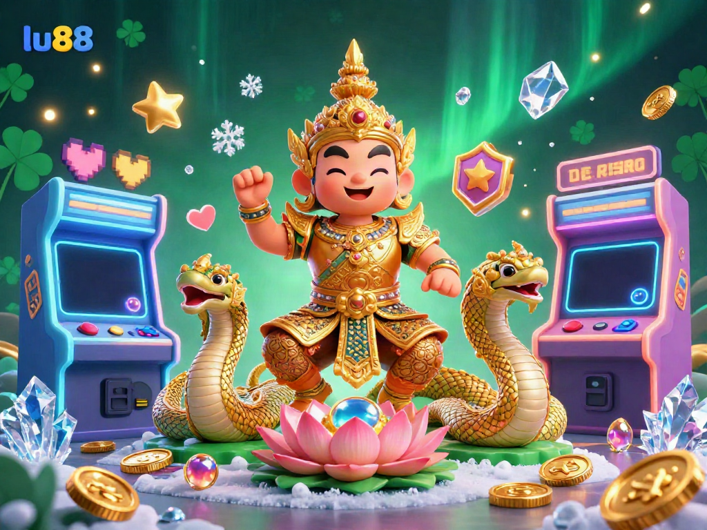 Experience exciting gaming action at lu88 with a vibrant 3D illustration featuring unique casino elements.