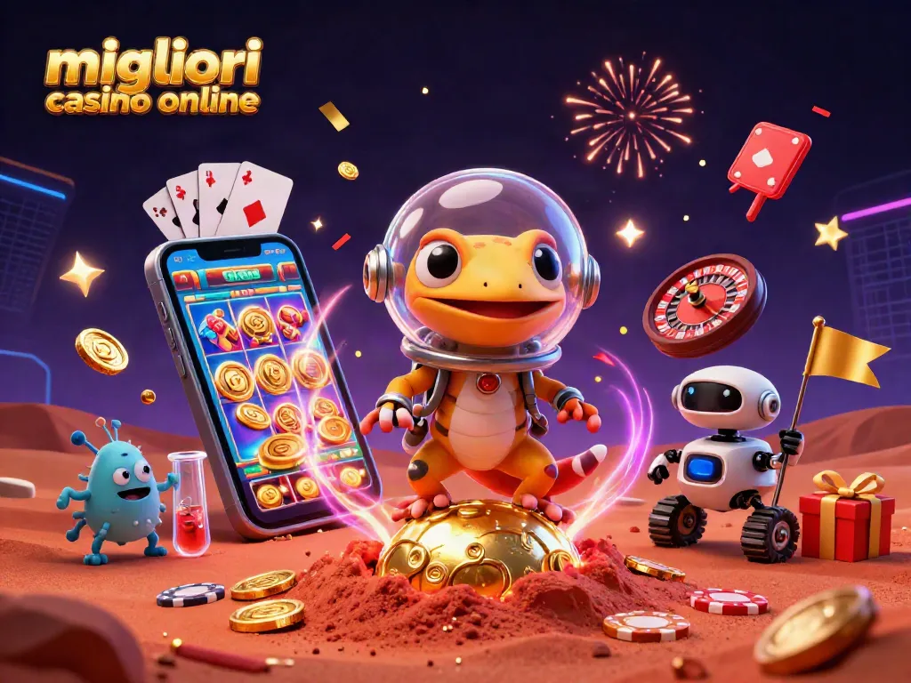 I migliori casino online emergono con un gecko marziano e un robot, circondati da giochi e festoni.