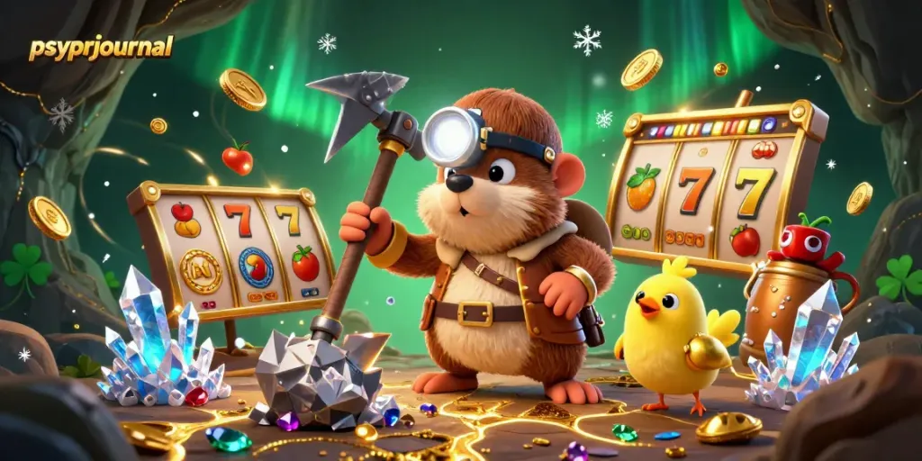 Menggali peluang di psyprjournal dengan mole penambang yang dikelilingi jackpot dan koin emas.