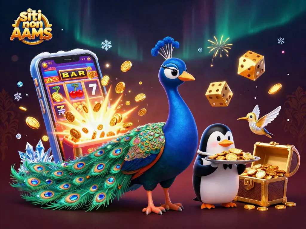 Scopri i siti non AAMS con questo vivace striscione 3D che celebra le slot e i jackpot.
