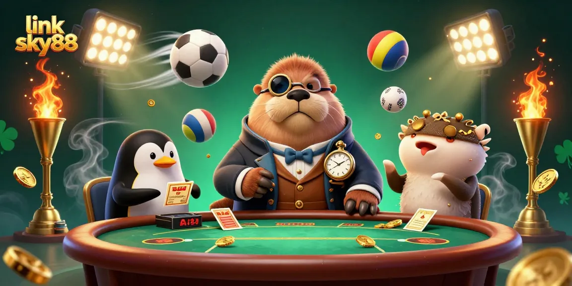 Join the excitement at link sky88, featuring a jolly walrus playing poker with dynamic gaming elements.