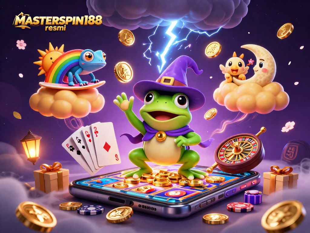 Experience the excitement of MASTERSPIN188 resmi as the weather wizard frog creates coin storms amidst vibrant gaming elements.