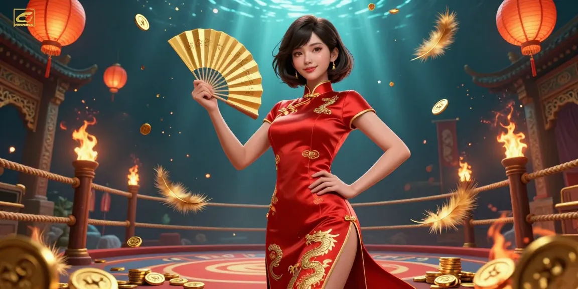 Experience sunwinn magic with Asian elegance amidst swirling coins and lanterns in an exciting casino backdrop.