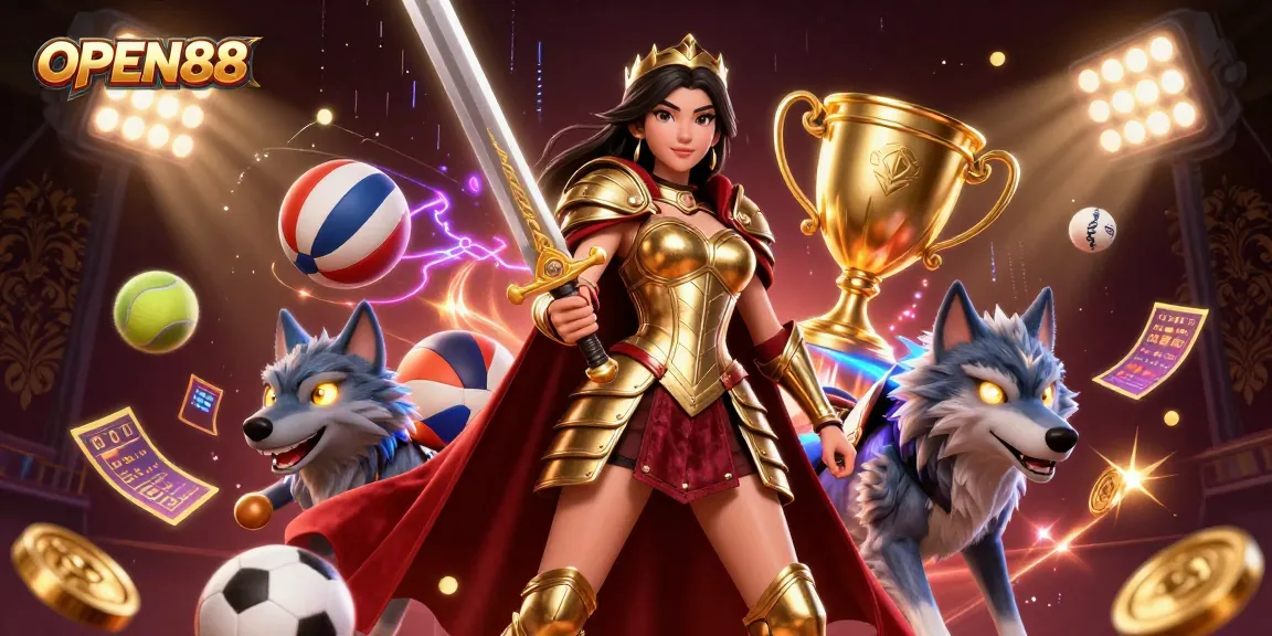 Experience the excitement of OPEN88 with a warrior queen and her wolf companion in an immersive casino scene.