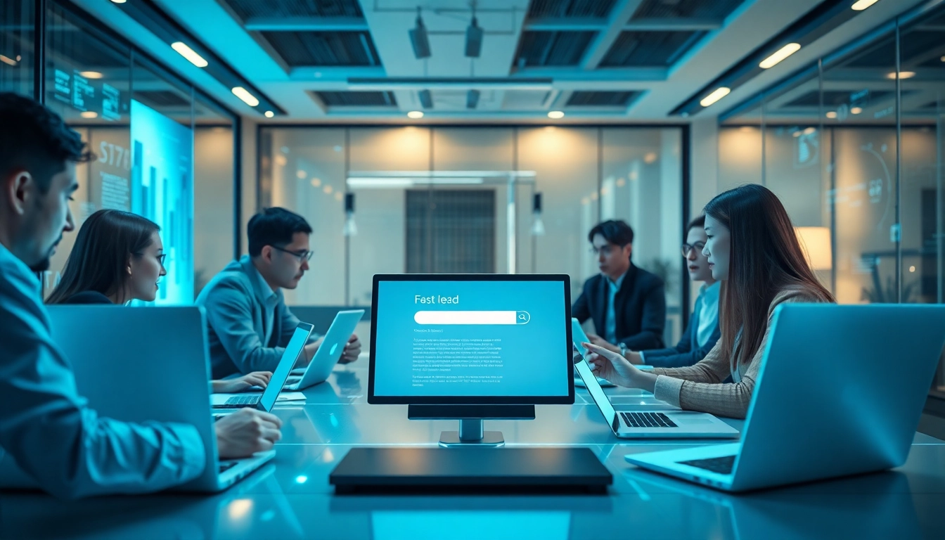 Experience seamless connectivity with 快连下载 in a futuristic office setting featuring advanced technology.