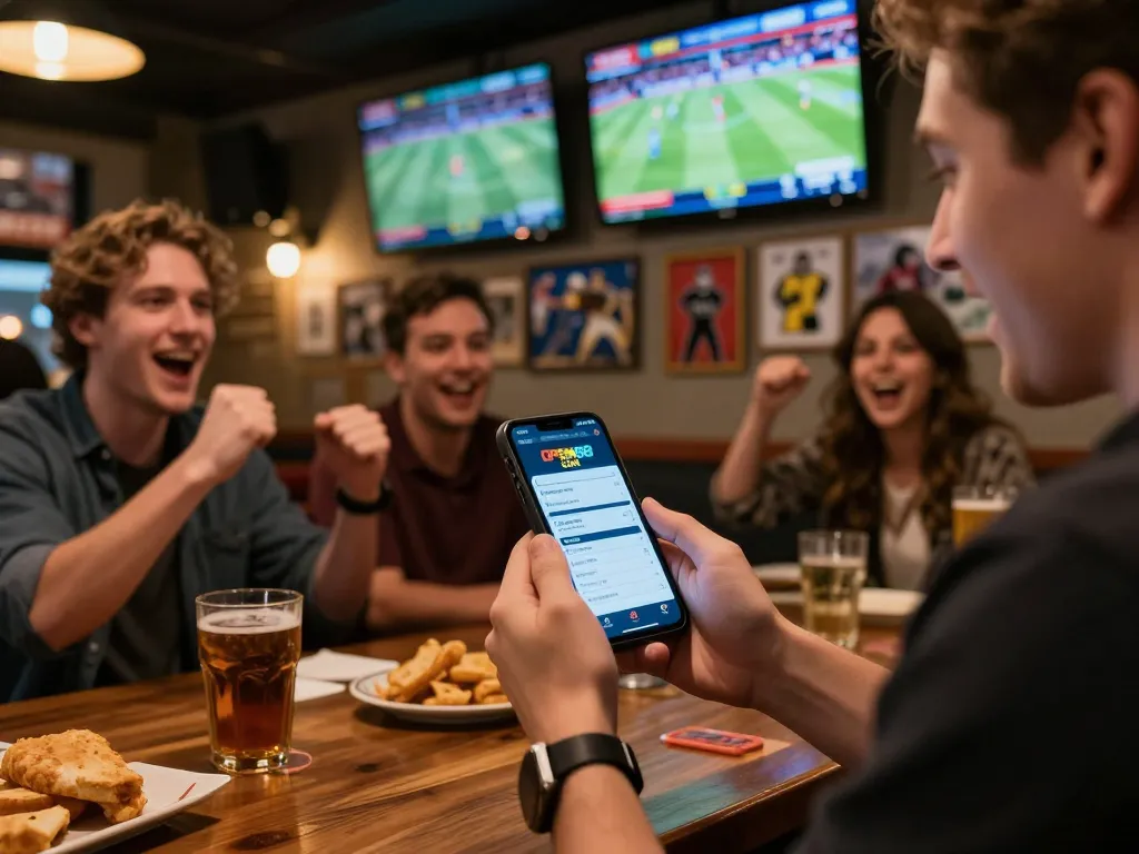 Enjoying sports betting on OPEN88 COM app in a lively bar setting with screens displaying matches