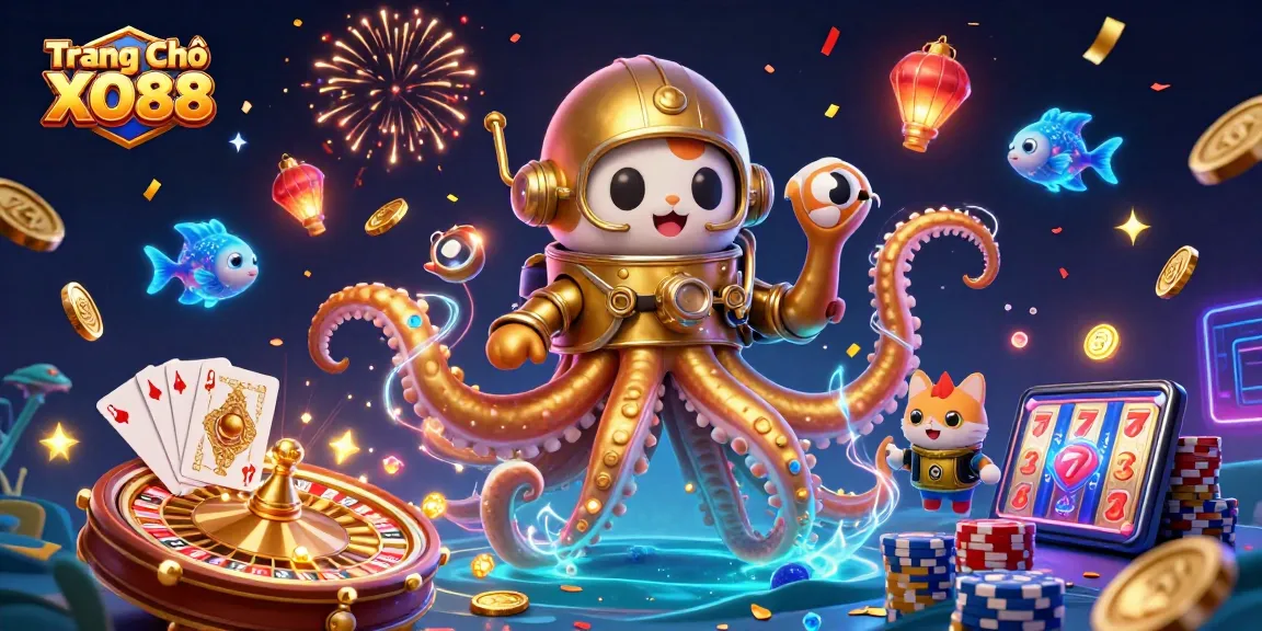 Experience exciting gaming at Trang Chủ XO88 with a dazzling kraken and diving cat among dynamic casino elements.