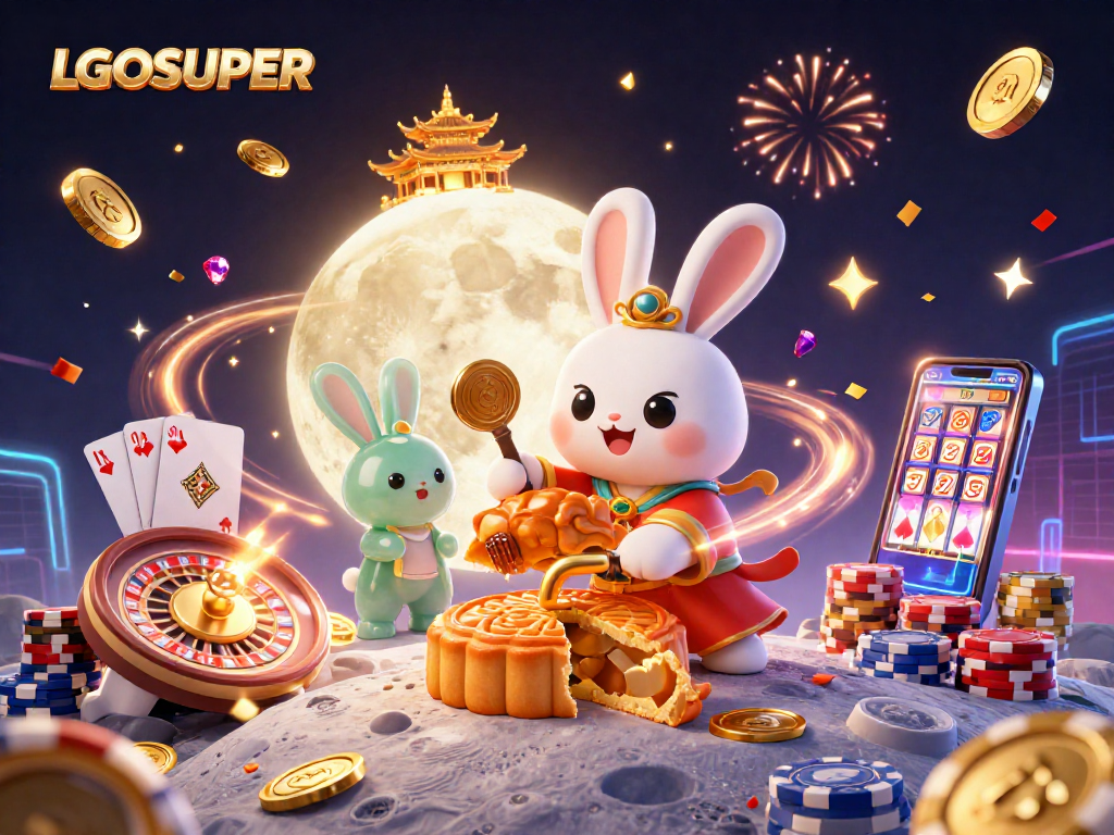 Experience winning moments with LGOSUPER as vibrant characters celebrate on a lunar casino.