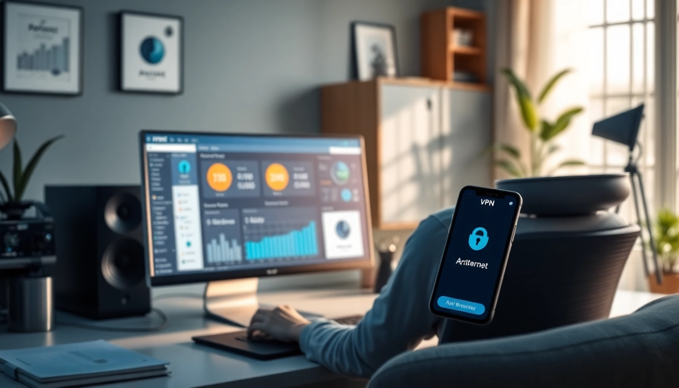 快连官网 illustrating a modern workspace for internet security with devices and charts.