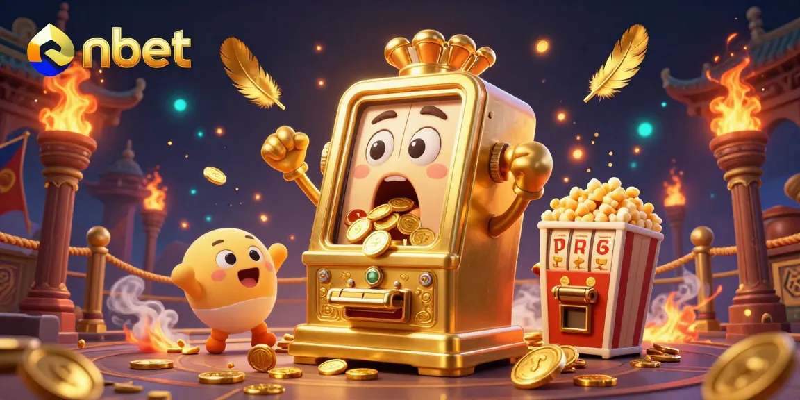 nbet's golden slot machine hits the jackpot as coins cascade down in this vibrant 3D casino scene.