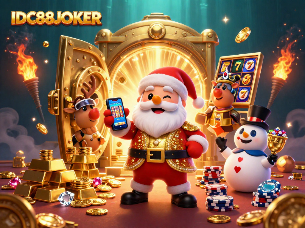 Play exciting slots with IDC88JOKER, featuring a festive casino scene with Santa Claus and gaming treasures.