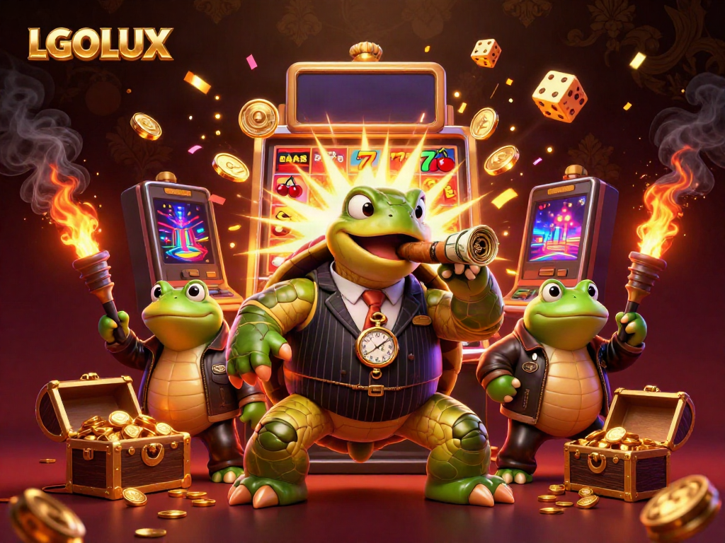 Engage with thrilling gameplay at LGOLUX, featuring a dynamic 3D scene with a snapping turtle mobster amidst a jackpots explosion.