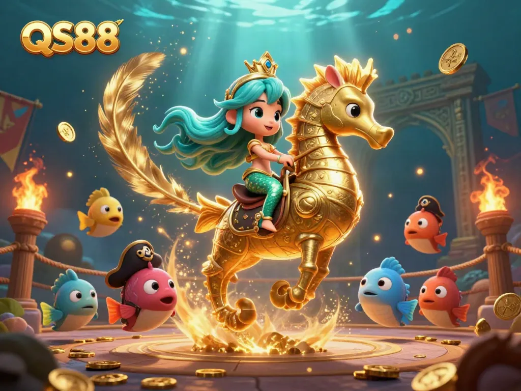 Experience the thrill of QS88 gaming, featuring a colorful mermaid, seahorse, and playful fish amidst scattered coins and casino elements.