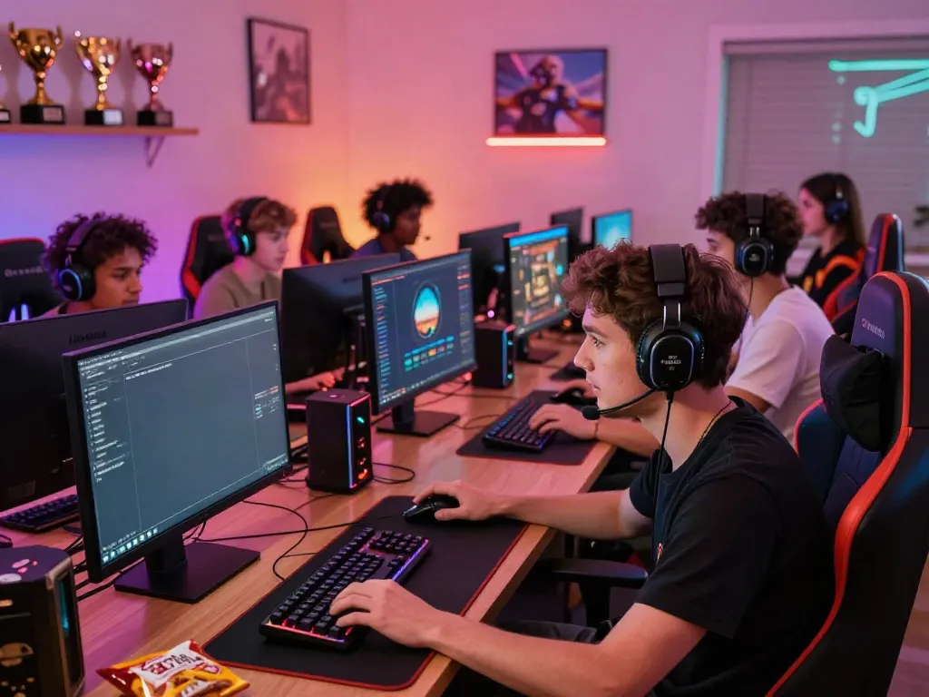 Dynamic gaming scene with bro138 link displayed on monitor and engaged gamers in vibrant room.