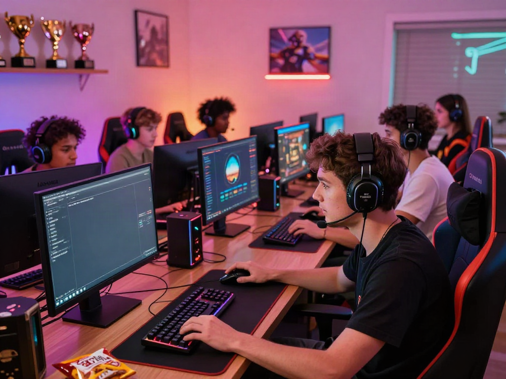 Dynamic gaming scene with bro138 link displayed on monitor and engaged gamers in vibrant room.