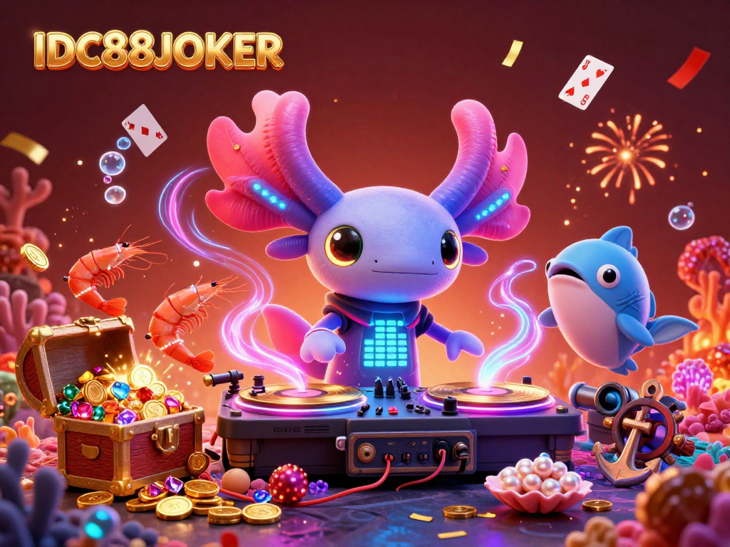 Experience the vibrant energy of IDC88JOKER with a neon axolotl DJ and dancing sea creatures in a casino-themed underwater world.