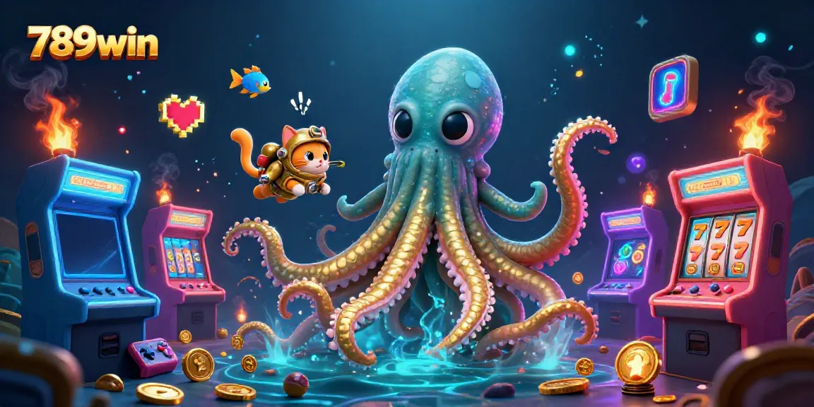 Engage in 789win slot gaming with the kraken and diving cat amid treasure and vibrant arcade elements.