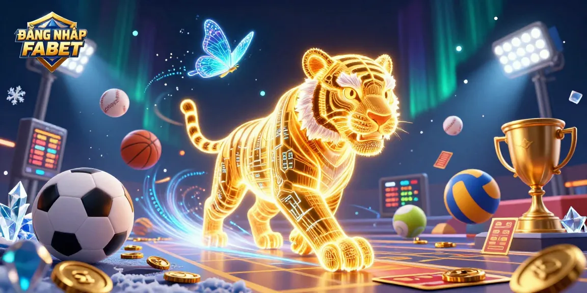 Engage with ĐĂNG NHẬP FABET through vibrant casino transformation featuring a neon tiger and sports elements.