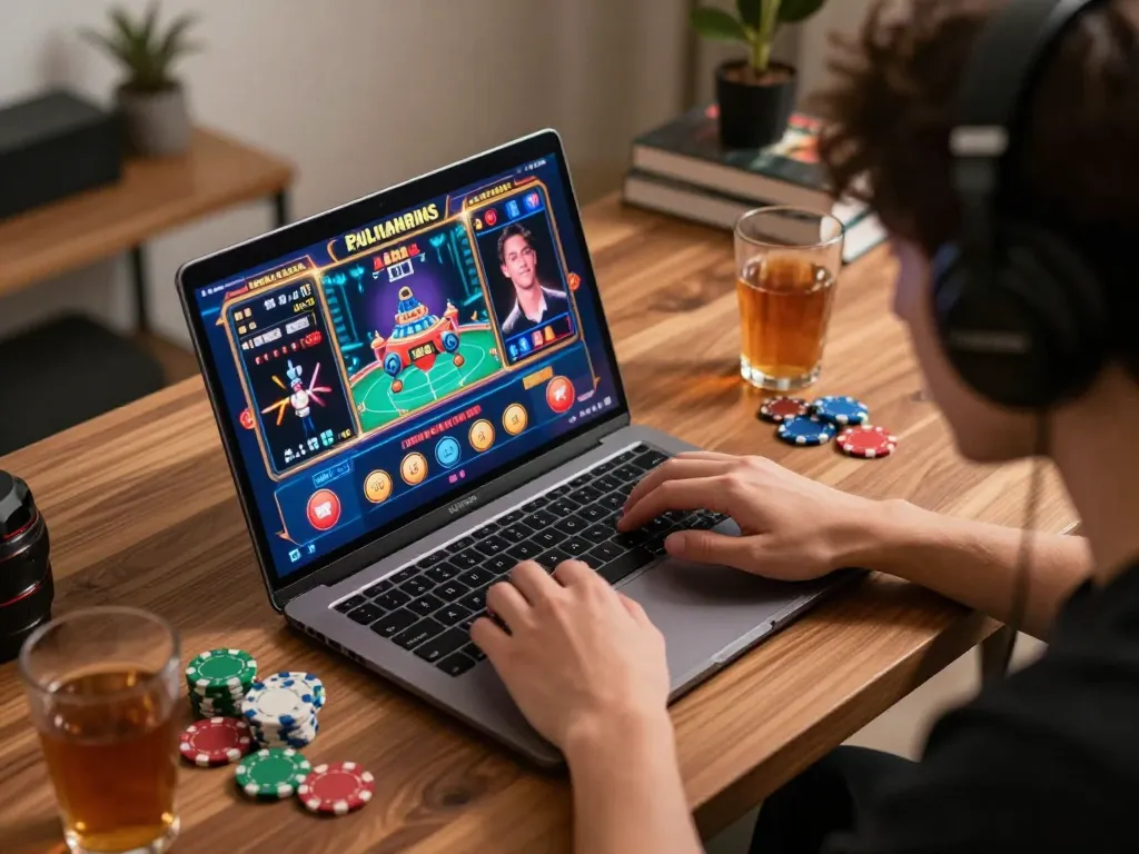 Engaging online gaming session on Sunwin with casino games displayed on a laptop, creating a strategic atmosphere.