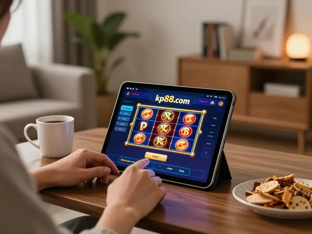 Engaging with kp88.com on a tablet, enjoying online slots in a cozy living room setting.