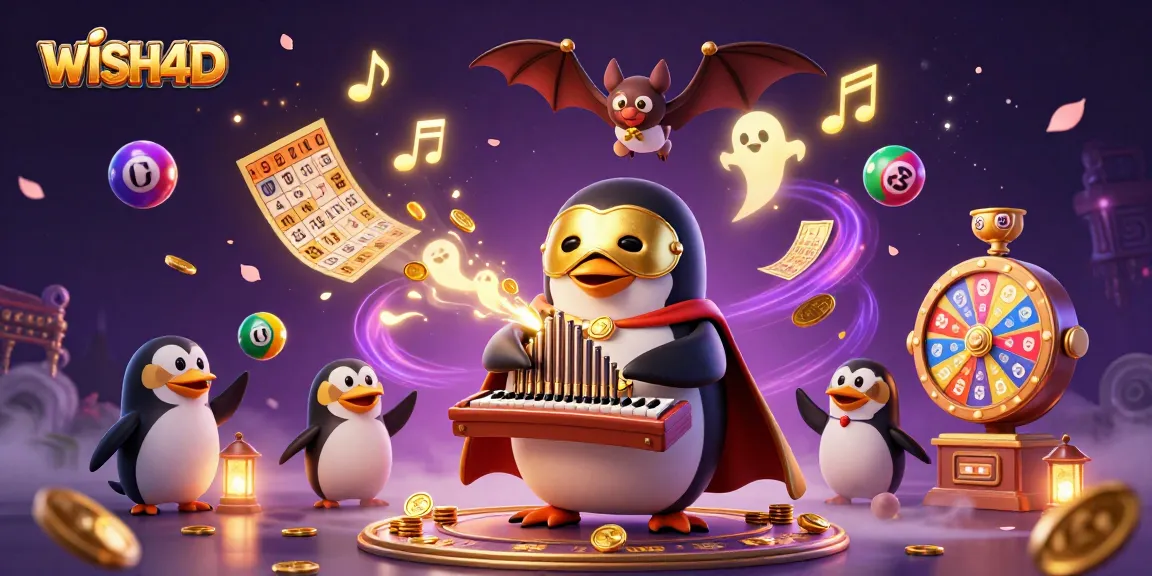 Experience WISH4D's thrilling gaming atmosphere featuring a penguin organist and colorful lottery elements.